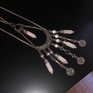 Silver Boho Multi Layer Necklace with Crystals